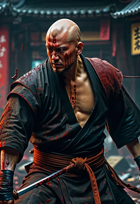 sh4g0d风格赛博朋克武士，(bald，monk:1.2),(Strong dynamic stance)，struggle，(blood spatter)，Strong，His face is very determined， 8k, Ultra-detailed, precise, best quality