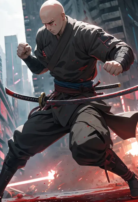 sh4g0d风格赛博朋克武士，(bald，monk:1.2),(strong dynamic stance)，struggle，(blood spatter)，strong，his face is very determined， 8k, ultra-de...