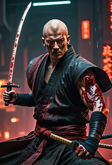 sh4g0d风格赛博朋克武士，(bald，monk:1.2),(Strong dynamic stance)，struggle，(blood spatter)，Strong，His face is very determined， 8k, Ultra-detailed, precise, best quality