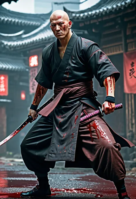 sh4g0d风格赛博朋克武士，(bald，monk:1.2),(Strong dynamic stance)，struggle，(blood spatter)，Strong，His face is very determined， 8k, Ultra-detailed, precise, best quality