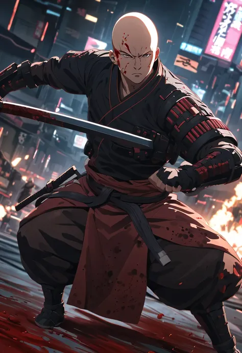 sh4g0d风格赛博朋克武士，(bald，monk:1.2),(Strong dynamic stance)，struggle，(blood spatter)，Strong，His face is very determined， 8k, Ultra-detailed, precise, best quality