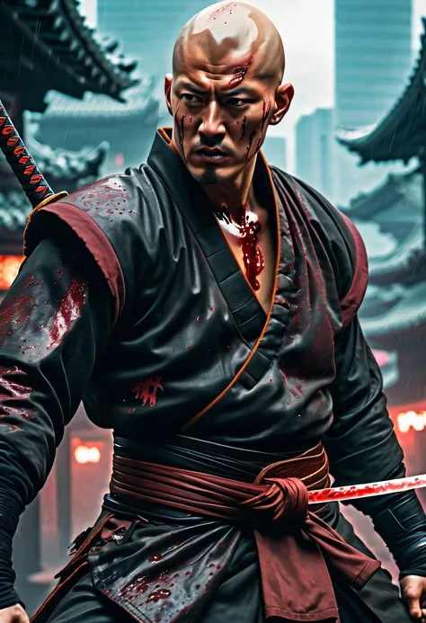 sh4g0d风格赛博朋克武士，(bald，monk:1.2),(Strong dynamic stance)，struggle，(blood spatter)，Strong，His face is very determined， 8k, Ultra-detailed, precise, best quality