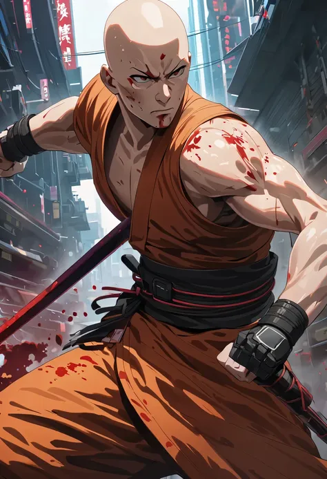 sh4g0d风格赛博朋克武士，(bald，monk:1.2),(strong dynamic stance)，struggle，(blood spatter)，strong，his face is very determined， 8k, ultra-de...