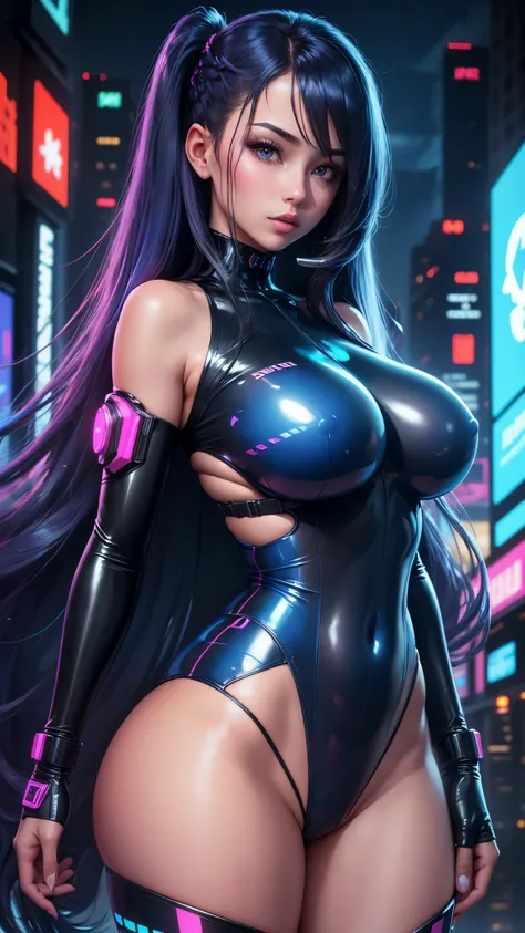 high quality, A high resolution, high quality face, Ultra detail, Gorgeous girl, big ass, big breasts, beautiful breasts, latex translucent suit, ((blue long hair)), cyberpunk, City of the future, holograms, neon lighting,