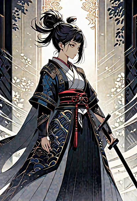 alone, An exceptionally beautiful samurai girl stands out, Delicate face adorned with a topknot, increase intense aura. With dark fantasy illustrations, Power to be considered, Inverted triangular face shape enhances elegance and elegance, The delicate fea...