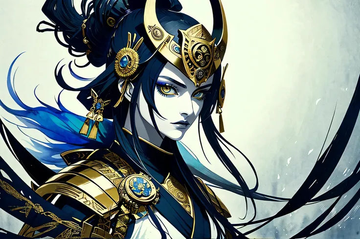 A gorgeous stoic samurai, Meticulously crafted armor stands with fearsome spear in hand, Stare at me with an unwavering gaze against the backdrop of shining golden eyes, A helmet with a wolf&#39;s face creates an atmosphere of fierce determination., Stunni...