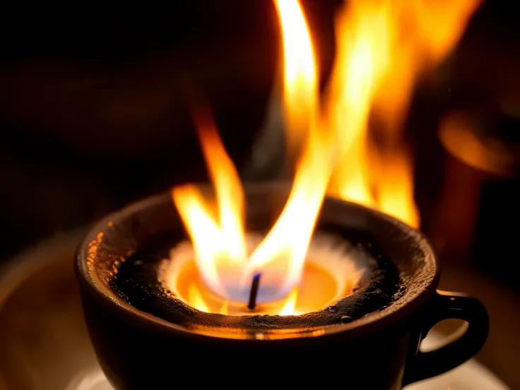 there is a cup of coffee with a candle, Melting Pitbeeple, very close shot, realistic fire sharp focus, Inside a black hole, woodfired, Molten glass, (fire), Beautiful image, cinematic shot 9:16 -n 6 -g, close up camera on bonfire level, Camera, looking do...