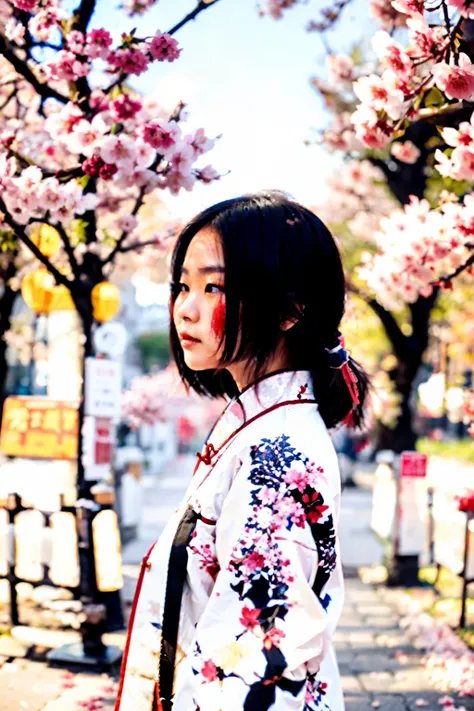 generate a very minimalist Chinese dry-brush style image of 1girl Chinese, and cherry blossoms, both equal weighted, the only bright color is red blossoms, all the rest of the image is neutral color, aged parchment background, aspect ratio 3:5