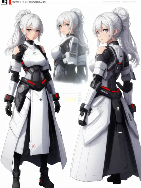 (CharacterSheet:1), (three view drawing), (multiple views, full body, upper body, reference sheet:1.2), (simple background, white background), (simple background, white background), cyborg girl, futuristic, cyberpunk
