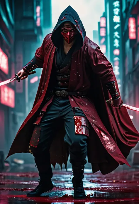 sh4g0d风格赛博朋克武士,(cape mask:1.2),(Strong dynamic stance:1.5),(struggle:1.3),(blood spatter),Strong,His face is very determined, 8k, Ultra-detailed, precise, best quality