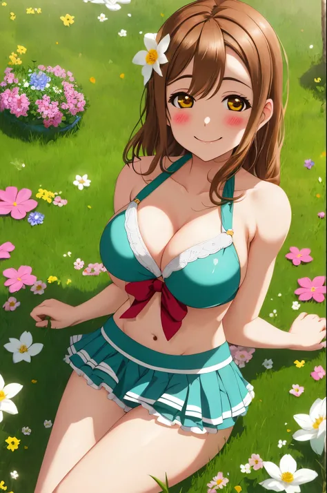 masterpiece, best quality, from above, kunikida hanamaru,big breasts, blushing , smile , cute stylish bikini,in grass field, flowers