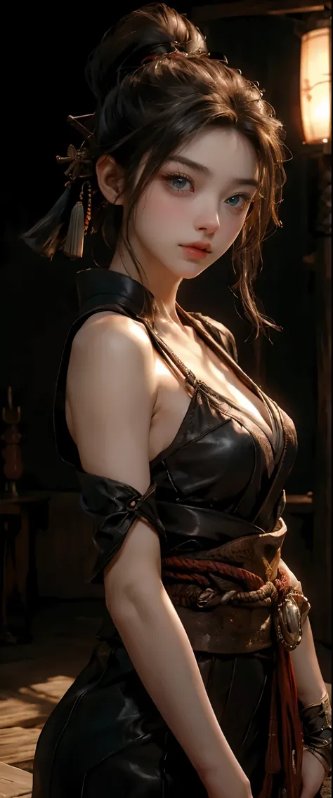 masterpiece、highest quality、超High resolution、realistic skin texture、leather armor、Exposed breasts、photorealistic、High resolution、Raw photo、shiny skin、realistic skin texture、best lighting、shine、dramatic lighting、dynamic pose、Japan wooden house、Female Samura...