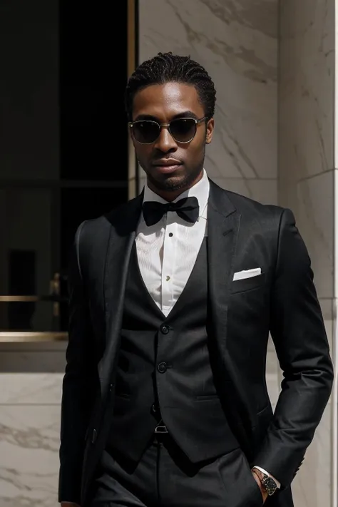 Para uma campanha de luxo, create an illustration of a stylish black man in a sophisticated suit, embodying confidence and charm with sunglasses. Captured in dynamic pose, ele olha diretamente para o espectador, creating a connection. Minimalist backdrop h...