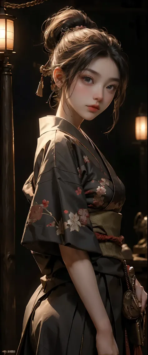 masterpiece、highest quality、超High resolution、realistic skin texture、Wearing a Japanese kimono and hakama、He has a sword at his waist.、photorealistic、High resolution、Raw photo、shiny skin、realistic skin texture、best lighting、shine、dramatic lighting、dynamic p...