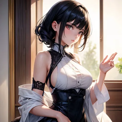 An anime girl with black hair and sliver eyes, her face featuring beautiful detailed eyes, is depicted in this masterpiece artwork. She is looking directly at the viewer, creating a strong connection between the viewer and the artwork. The image is of the ...