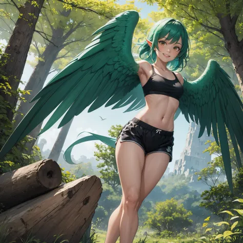 1 female, solo female, harpy, emerald green wings, beautiful detailed wings, bird legs, sharp black talons, tan skin, tomboyish ...