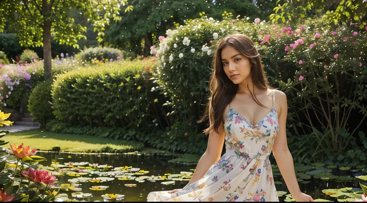 Create an image of a stunningly beautiful young woman standing in the midst of a vibrant and lush garden. The garden is filled with a variety of flowers in full bloom, showcasing an array of colors like deep reds, bright yellows, and soft purples. The sun ...