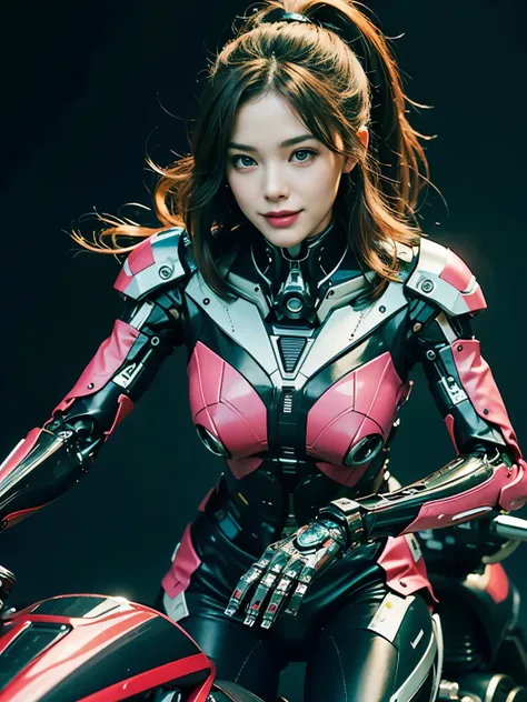 ((best quality)), ((masterpiece)), ((perfect face))、（(detailed motorcycle)）、Detailed and clear photos、((Cyborg Woman))、Pink long-sleeved riding jacket and leather pants))、((riding a motorcycle))、((cybernetics))、slender body、((Woman with mechanical body))、c...