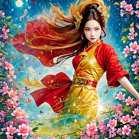 best quality, masterpiece, high resolution, wuxia 1girl, Chinese dress, super gorgeous face, super gorgeous eyes, super gorgeous hair, kung fu fighting