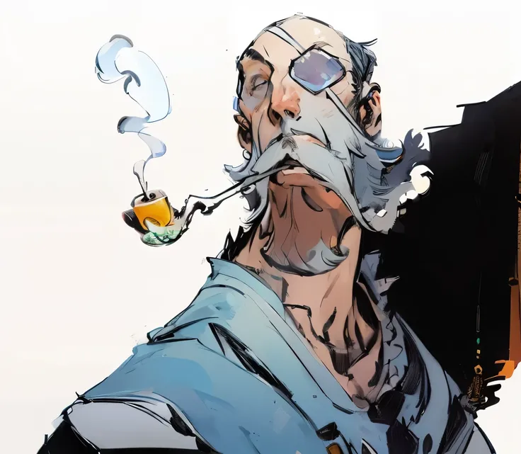 Samdoesart, desenho de um homem com um cachimbo na boca, estilo desonrado, cachimbo de mago, arte conceitual. smoke, estilo de madeira ashley, ((estilo de tinta sf5)), (estilo de tinta sf 5), um retrato do personagem, desonrado inspirado, pintura extremame...