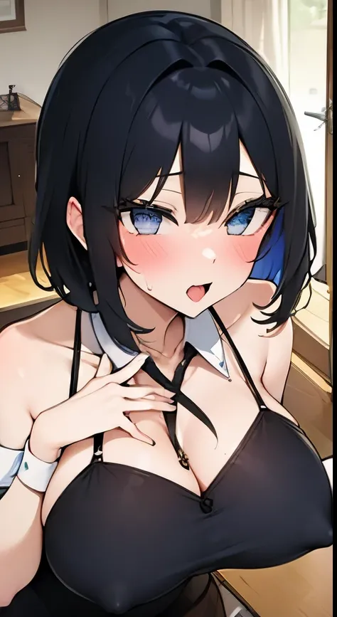 secretary、huge tit、shortcut 、makeup、((sexy secretary)),((sweat,steam))、In front of the door、Bedroom entrance、Tongue licking、Detailed people、A detailed face、A detailed eye、Detailed background