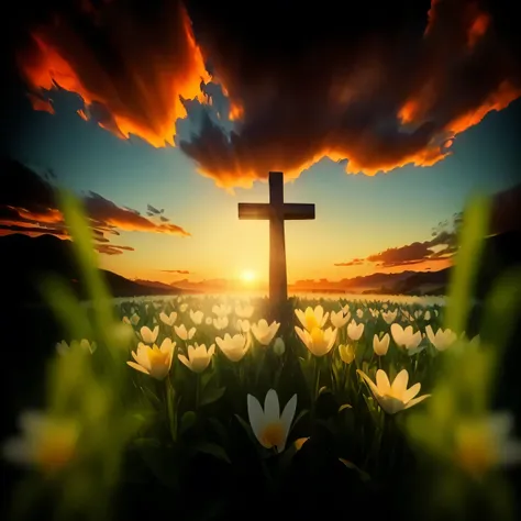 arafed cross in a field of flowers with a sunset in the background, cross, bright light masterpiece, cross composition, easter, holy, religious, warm beautiful scene, floral sunset, dramatic warm morning light, breathtaking composition, shutterstock, beaut...