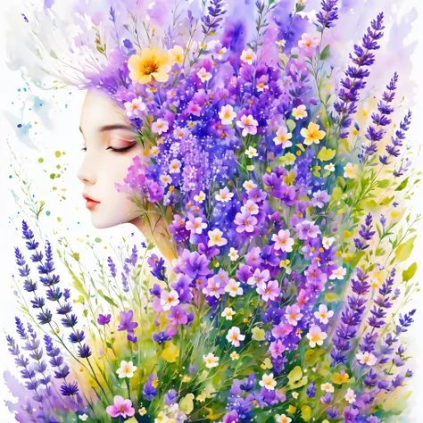 (masterpiece, best quality:1.2), Watercolor flower paintings present a delicate and refreshing visual effect. Wildflowers and lavender fields，The perfect combination of nature and romance. The screen is dominated by a white background, Highlight isolated w...