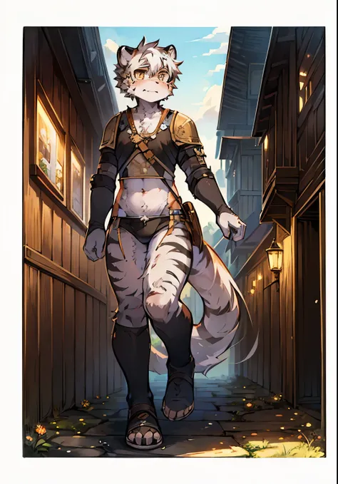 masterpiece, high quality, H, number (artwork), by dagashi, short hair，white tiger，(Character focus:1.1),tomboy,portrait, Bright Eyes,panoramic,Character focus.(Detailed background:0.7),alone,hairy,hairy male ,Hana charcoal,(Full body fur)，vitality，knight