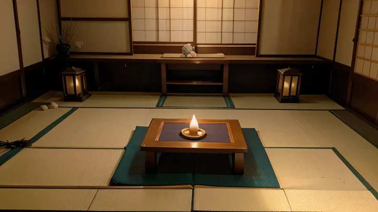 Japanese meditation room used by ninjas before assassination missions. paredes de papel de arroz, Candlelight lighting, straw tatami on the floor.