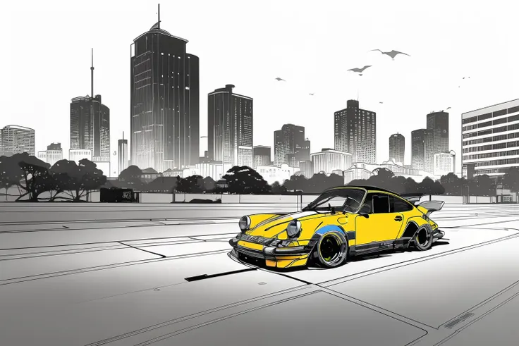 nvinkpunk, painting of a city with a Porsche 911 rwb rotting,wide bodykit, large wheels, high quality,