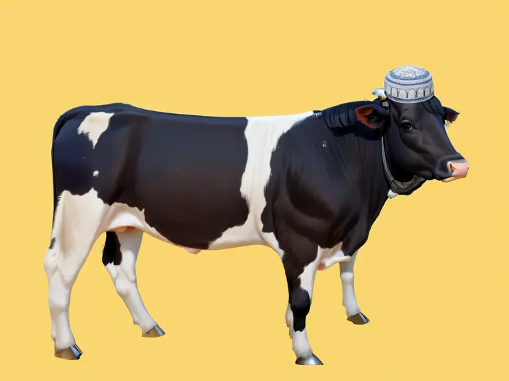 A cow wearing Islamic clothing, an Islamic hat, an Islamic necklace, a white Islamic robe