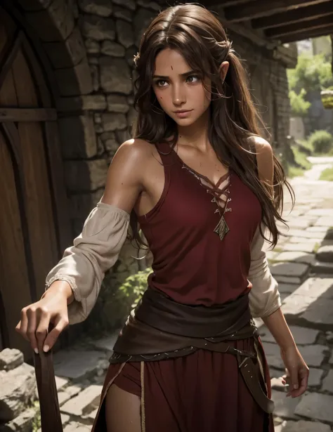 rpg character, dungeons and dragons style, lord of the rings style, medieval, human female, poor people, 24 years old, (brown hair, messy hair, hair in neck), brown eyes, small nose, (tanned skin, sweaty skin), happy expression, happy look, small breasts, ...