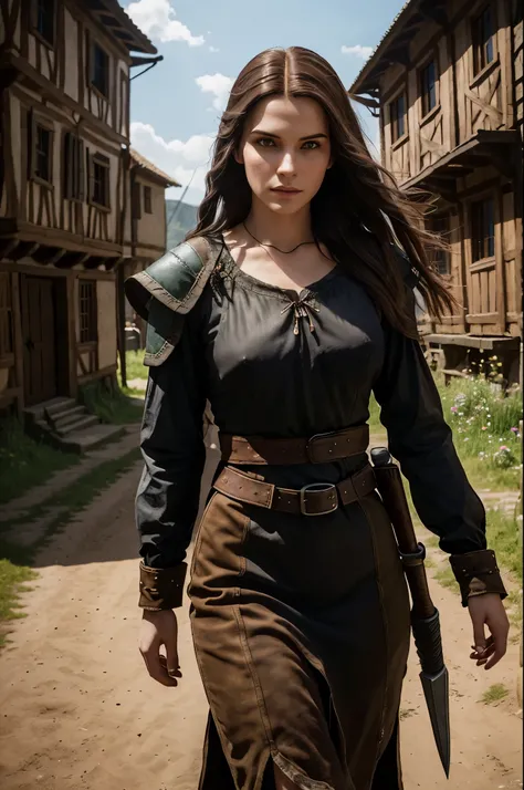 Hyperrealistic photograph of a 25-year-old witcher, with straight brown hair, detailed face, leaving a Middle Ages village. A dystopian masterpiece. The witcher is dressed like a witcher. Shes a beautiful woman, skinny, small breasts, photo taken from afar...