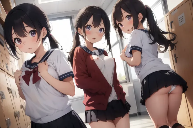 NSFW, (master piece, highest quality), three girls, Cover your breasts and crotch with your hands, bra is visible, nipples are visible, 15 years old, school locker room, pull down your sexy white panties, Lift up the pleated skirt with your hands, (In the ...