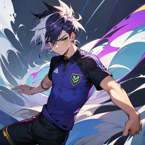 1boy,masculino,solo),(obra de arte) (Alto detalhe) (high resolution),anime boy , soccer uniform , heterochromia , one eye green , one eye purple