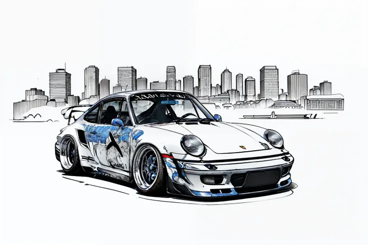 nvinkpunk, painting of a city with a blueish colored porsche 911 rwb rotting,wide bodykit, large wheels, high quality,