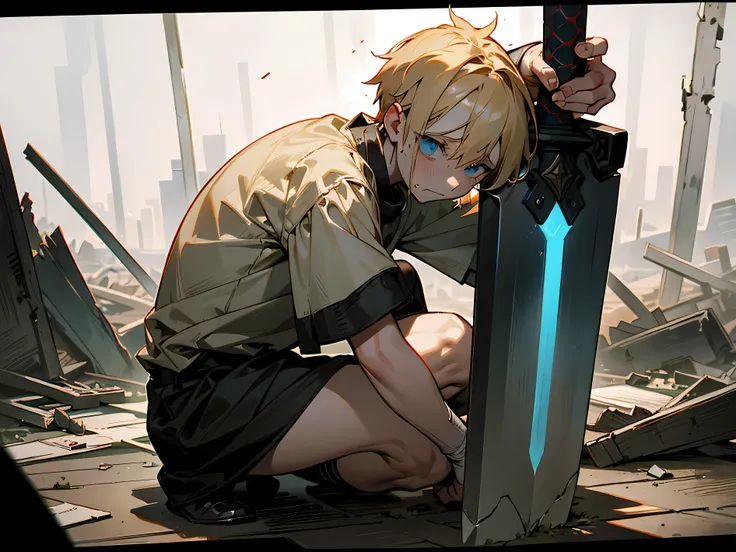 Little scary boy holding a giant sword in his hands, wounded, torn clothes, On my knees in despair , blonde crying, Against the backdrop of a ruined city, 16 thousand., ultra, Masterpiece, detailed