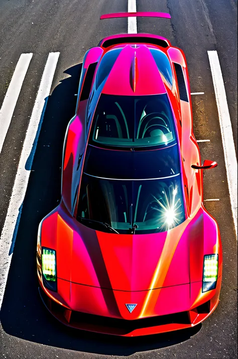 carro veloz vermelho, estrada bonita, futurista, realista, Cubist Futurism, Hyperrealism, chiaroscuro, cinematic lighting, chromatic aberration, backlighting, optical illusion, speed lines, Wide-Angle, Eye-Level Shot, vanishing point, from above, sideways,...