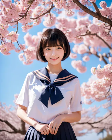 (high quality, 4k, 8k, High resolution, masterpiece:1.2), beautiful japanese high school girl, 16 years old, glossy black hair, beautiful short bob hair, Curling the ends of hair, asymmetrical bangs, big magic eyes, High resolutionの潤んだ瞳, smooth soft skin, ...