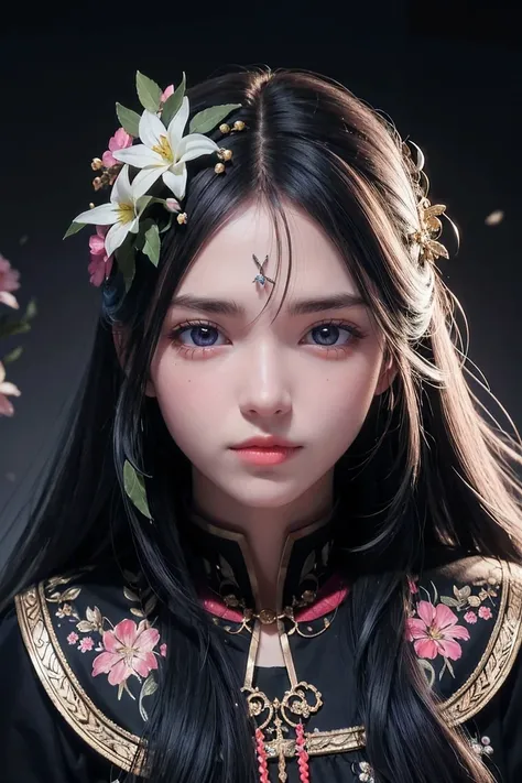 1 girl,black eyes,long hair,Super accurate depiction,(flowers),multiple colour,HD,Rich in intricate details. 8k,illustration,Crazy colors,