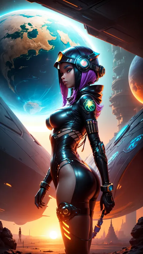 "((Futuristic girl)) immersed in Egypt Cyberstyle, a sleek blend of ancient and cyberpunk elements, standing against a backdrop of a ((fantastic planetscape)) in space, illuminated by the cyber-infused golden hour, ((science fiction masterpiece)), ((vibran...