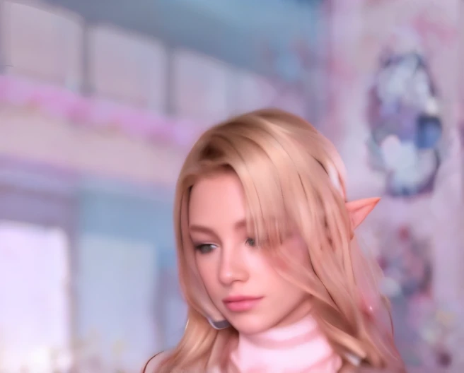 blond haired wearing a little elf ear, woman with pink turtleneck in a room, , background blur, realistic portrait, detailed unblurred face, 8k artgerm bokeh, soft portrait, photorealistic, photorealism, shot on kodak 400