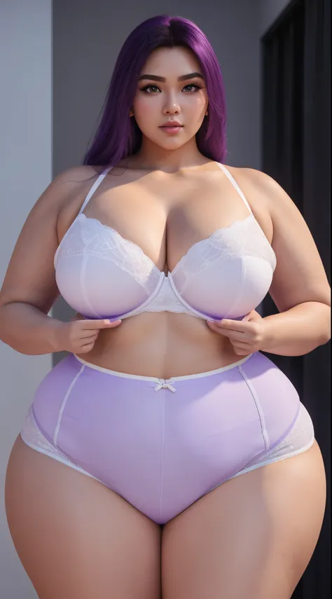 240 lbs bbw malay, big ,(( high waist white purple underwear)), big upper arms, fresh colour dominant,lighting ((#FEE3D4 skin color) long hairs