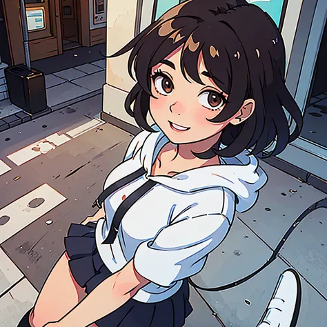 (best quality:0.8) perfect anime illustration, a pretty, happy woman with short curly brown hair on the street in the city, wearing a hoodie, skirt