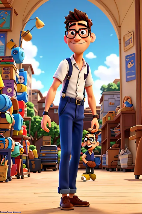 cartoon character of a man with glasses and suspenders in front of a school, conversando com seus amigos, filme animado, filme animado still, filme animado, 3 d filme animado, filme animado, estilo pixar e disney 3d, filme animado scene, estilo 3d da disne...