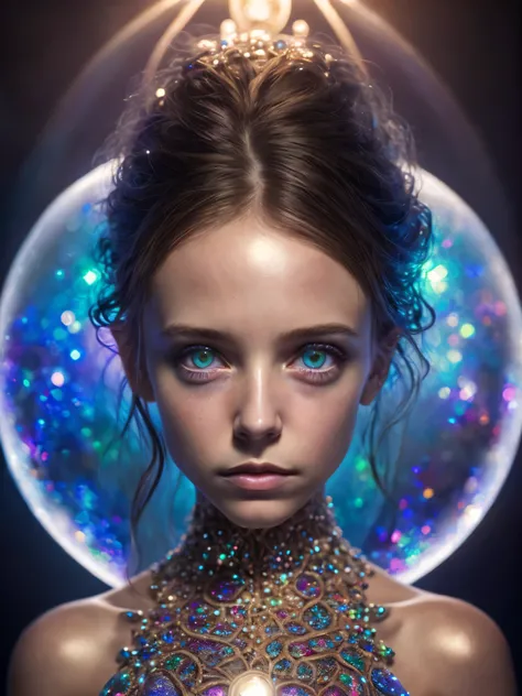 (Realistic:1.2), Photorealistic, highly detailed, full-body image of girl with playful body manipulations, gazing into the camera, divine proportion. The setting is an magical cell background, filled with whimsical lighting and an iridescent ambiance. The ...