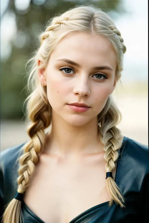 Photograph of a woman, (ambivalent facial expression), face looking at camera, full face, portrait, faces are visible more, and the eyes look straight, textured leather, goosebumps, ash blonde mermaid with braid, Perfect eyes, (ektachrome), Velvia 100 colo...