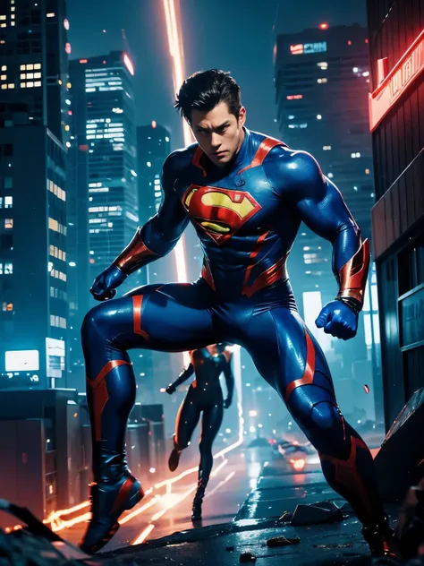 (highres,ultra-detailed),Super man fused with mega man,portraits,realistic,mixed character,sharp focus,colorful lighting,physically-based rendering,professional,superhero,armor,suit,futuristic city,glowing eyes,powerful pose,action-packed scene,vibrant col...