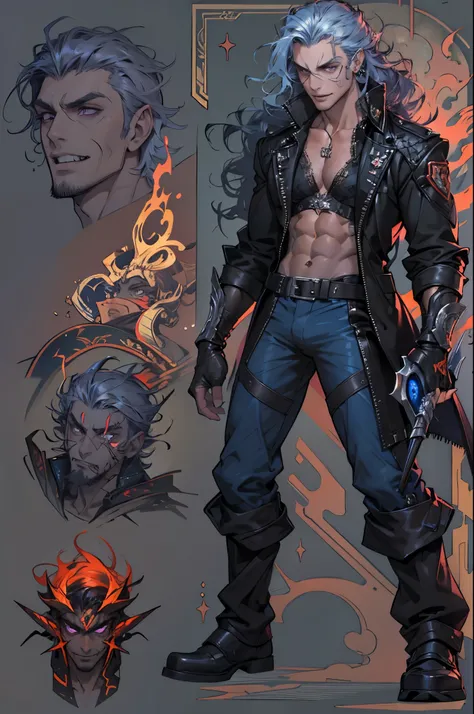 Handsome vampire male. Ash grey hair. Long curly hair. Royal attire. Muscular body. Freckles. Piercings. Hazel green eyes. Arrogant expression. Dark brown skin. Curly hair. 9 ft tall. Big bulge in pants. Blue hair tips. Purple eyes. Black shirt. Fangs. Mis...