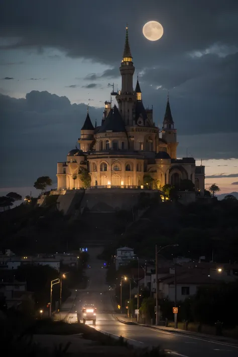 ((melhor qualidade)), ((obra de arte)), (detalhado), rosto perfeito8K, fantasia, futuro sombrio, noite, Ciberpunk, solarpunk, uma cidade iluminada por muitas luzes, in the background a huge palace eclipsing the noite sky, torres altas, atmosfera sombria, r...